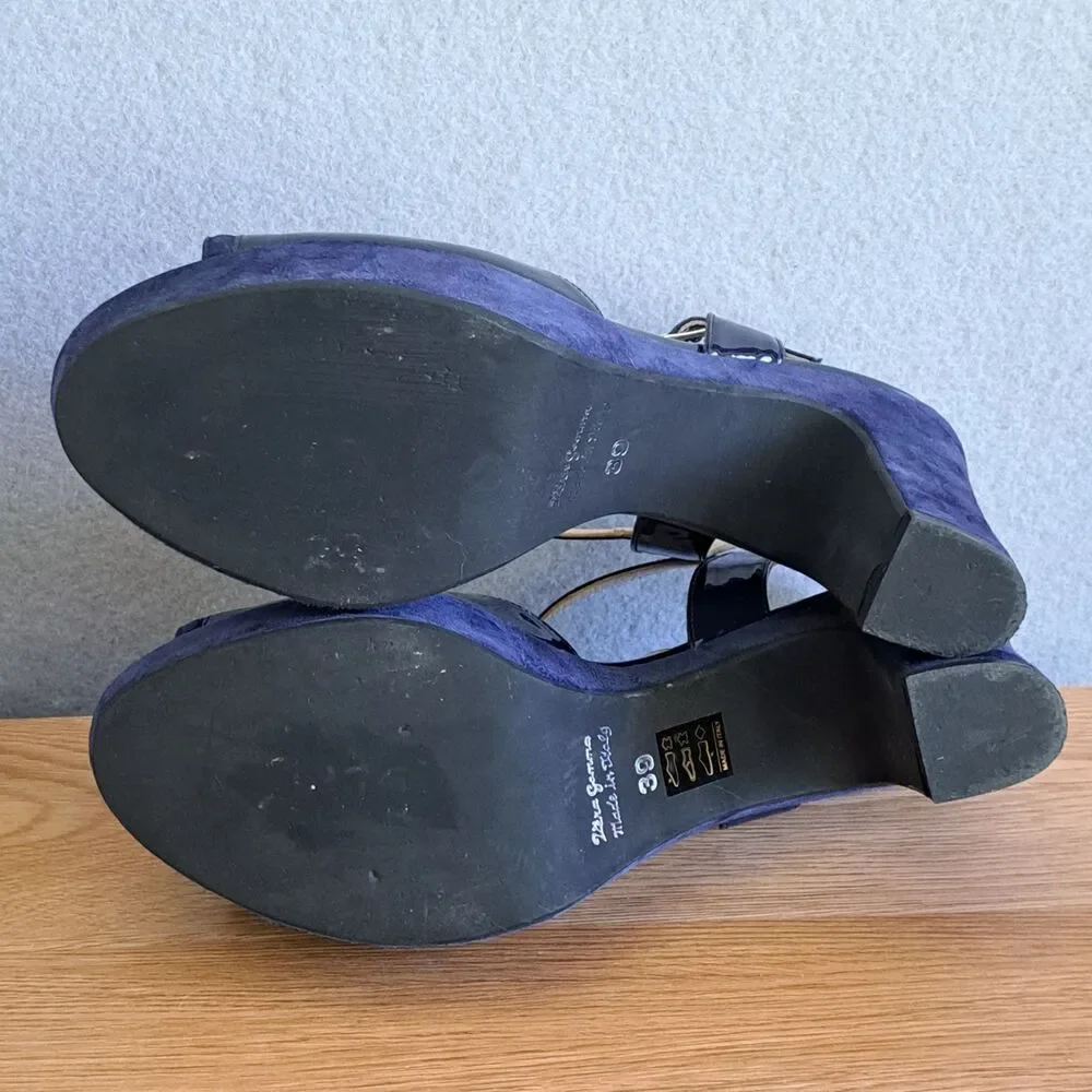 Vernissage Blue Suede Sandals Leather Slingback Heels Womens 9 US 39 EU T-Strap